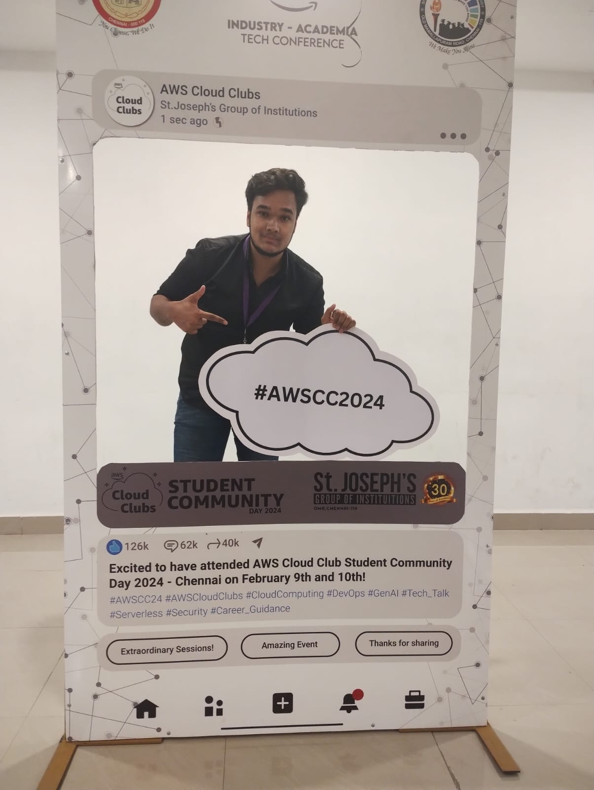 About Component Image of Sahil behind a AWS Event Banner